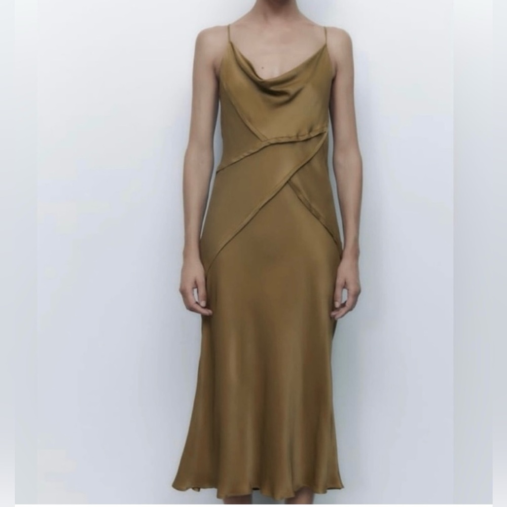 Sincerely Jules Satin Gold Bronze/Olive Slip Dress with Cowl Neck
